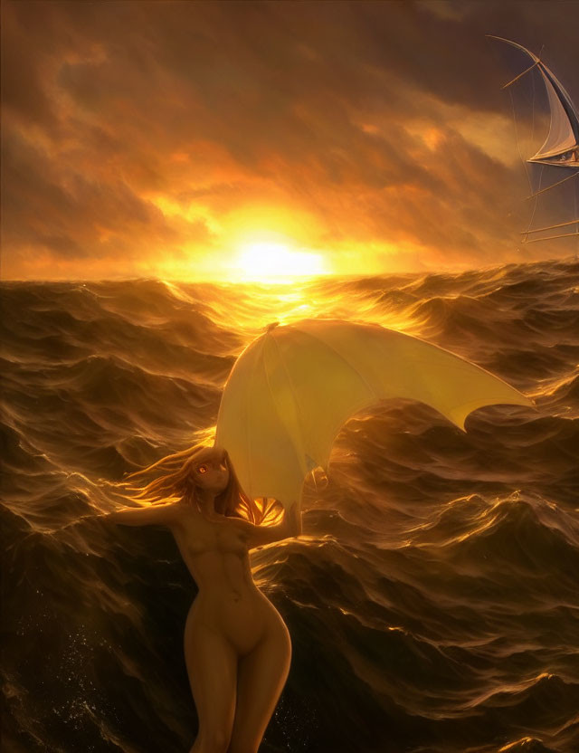 Winged humanoid on sea at sunset with sailboat