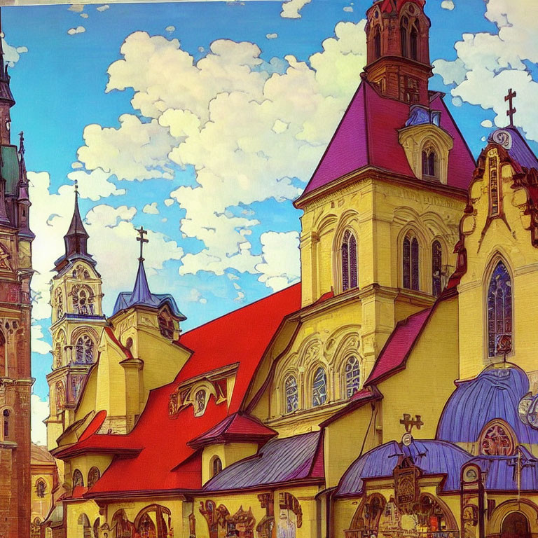 Detailed European-style architecture illustration under blue sky