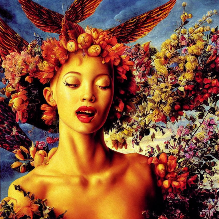 Surreal portrait of person with feathers and wings among colorful flowers