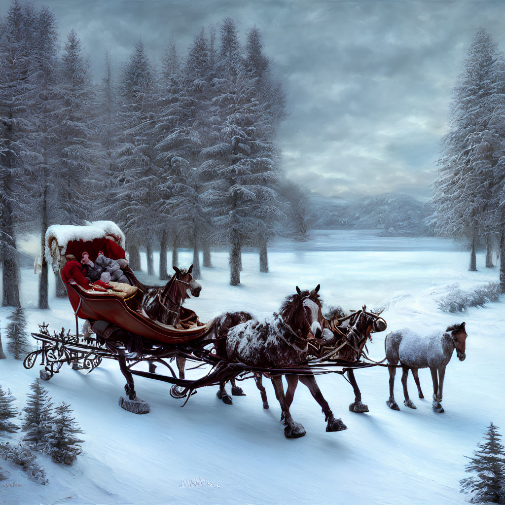 Winter scene: Horse-drawn sleigh in snowy forest landscape