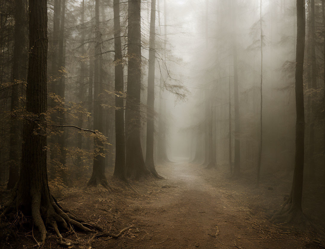 Misty forest scene with dirt path and tall shadowy trees