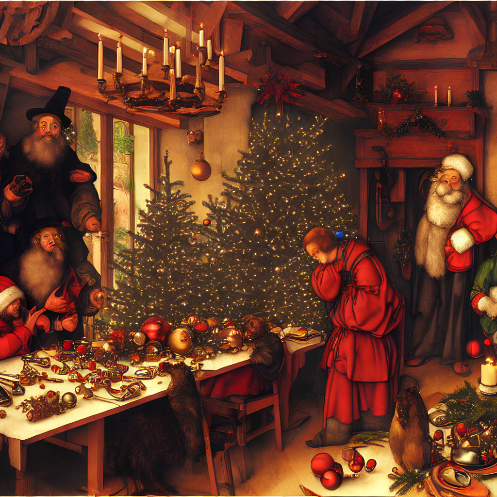 Festive room with elves and Santa Claus figures preparing Christmas decorations and gifts