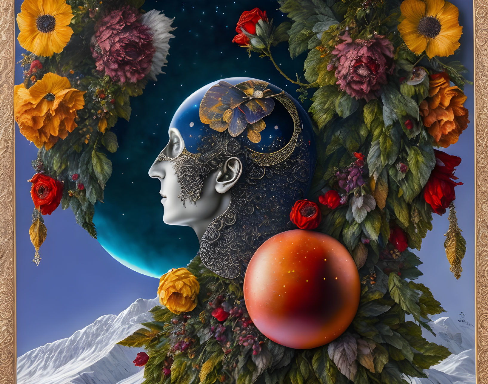 Surrealist digital artwork: Metallic human head with floral and astronomical motifs