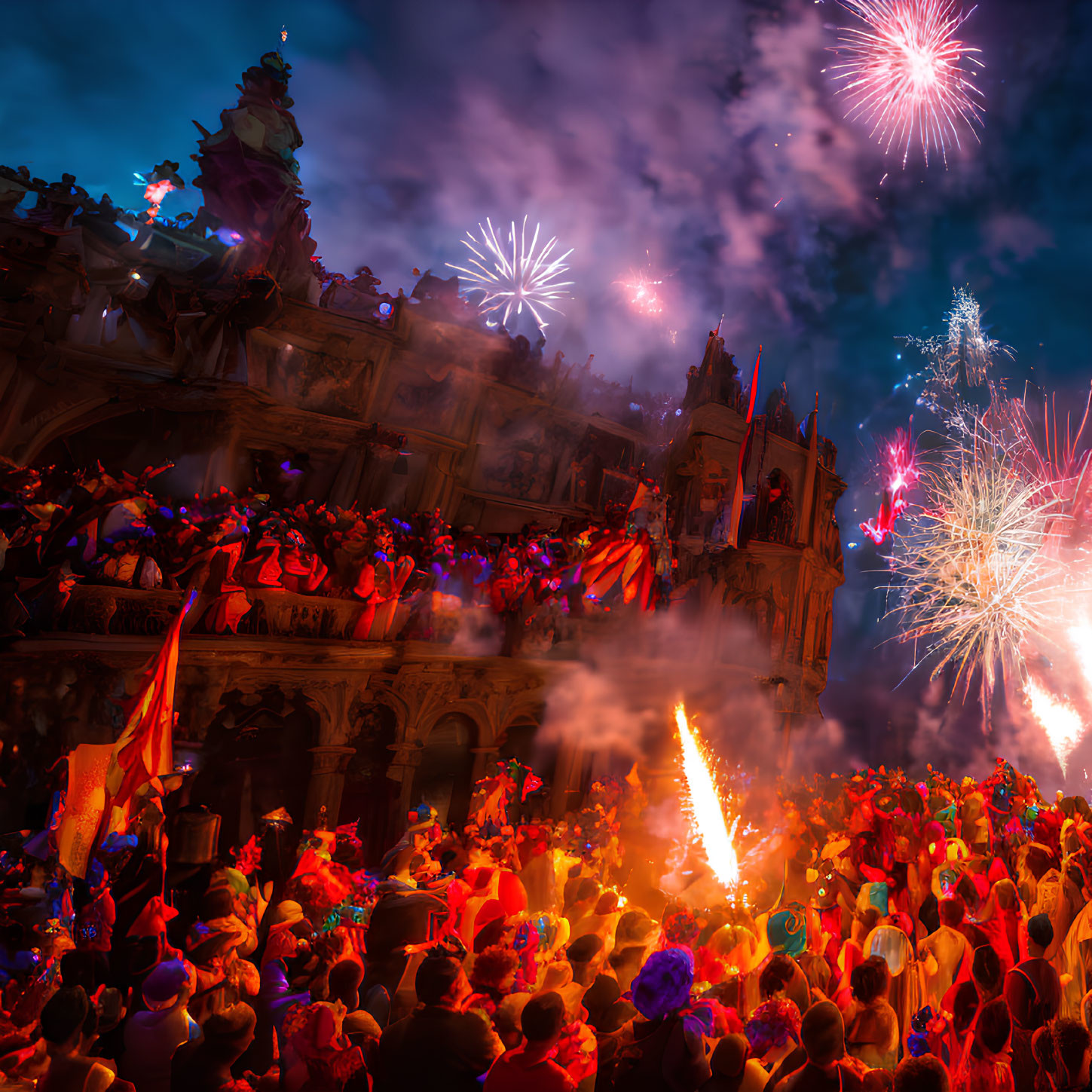 Night sky fireworks illuminate historic building with vibrant crowd
