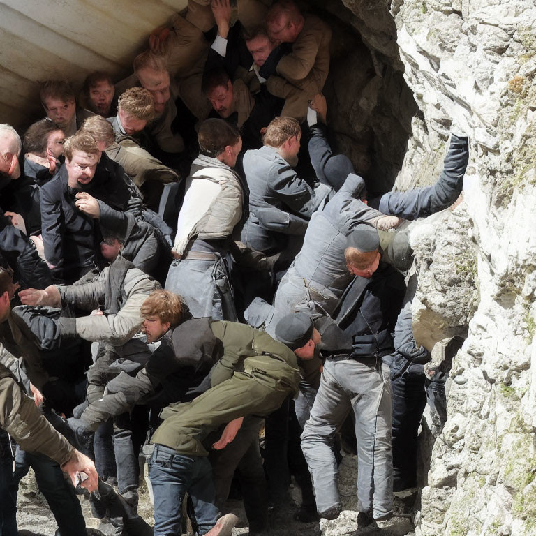 Crowded scene of distressed men in chaotic scramble