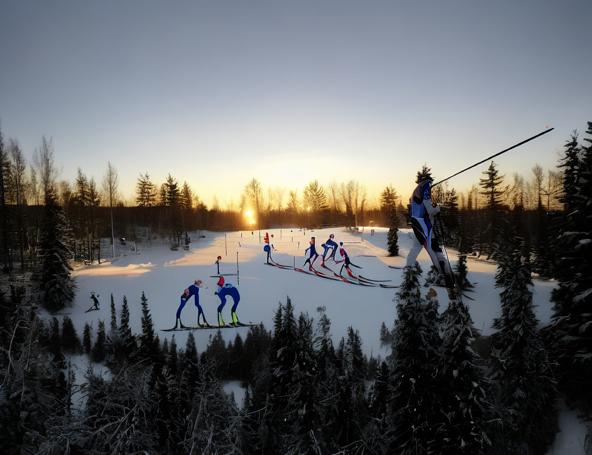 Biathletes in winter landscape skiing race at sunset