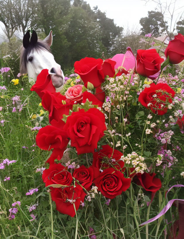 White Horse with Black Mane in Red Roses and Wildflowers on Foggy Background