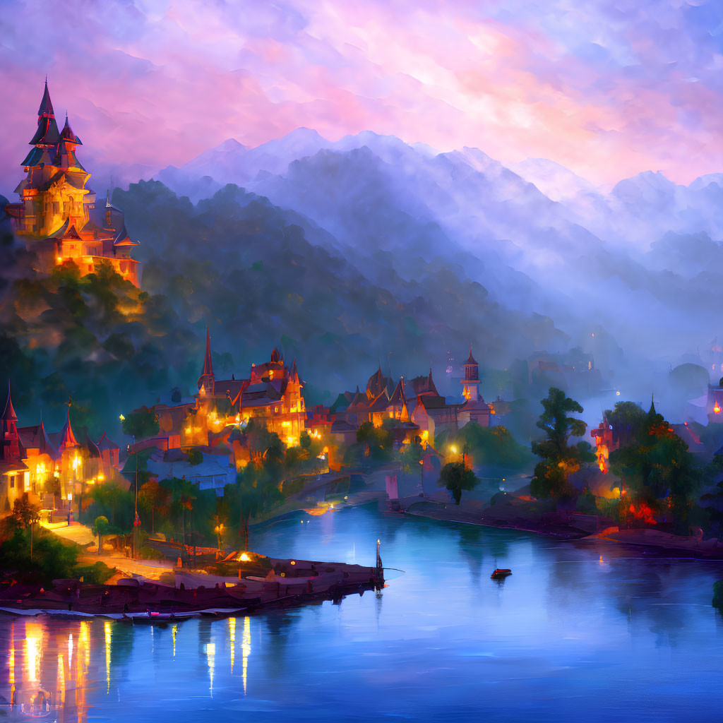 Colorful Artwork of Riverside Village at Dusk with Misty Mountain