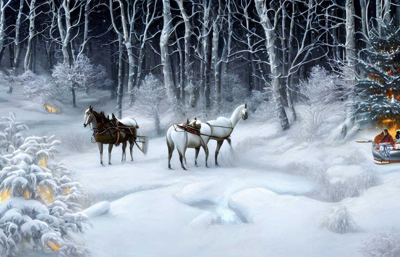 Snowy forest scene: Two horses pull a sleigh with people around a campfire