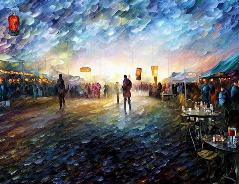 Vibrant impressionistic painting of bustling outdoor market scene