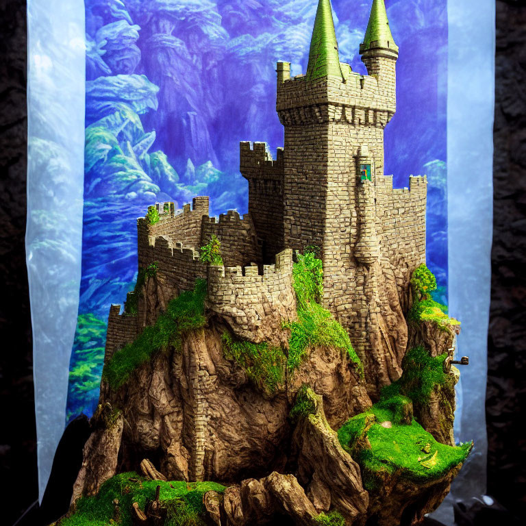 Miniature castle on cliff with green foliage against mountain backdrop