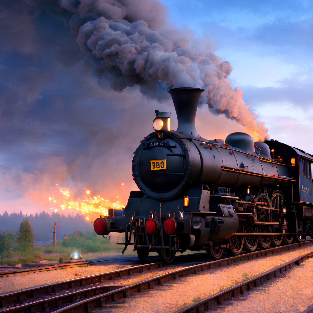 Vintage Steam Locomotive on Tracks at Dusk with Billowing Smoke and Fiery Sky