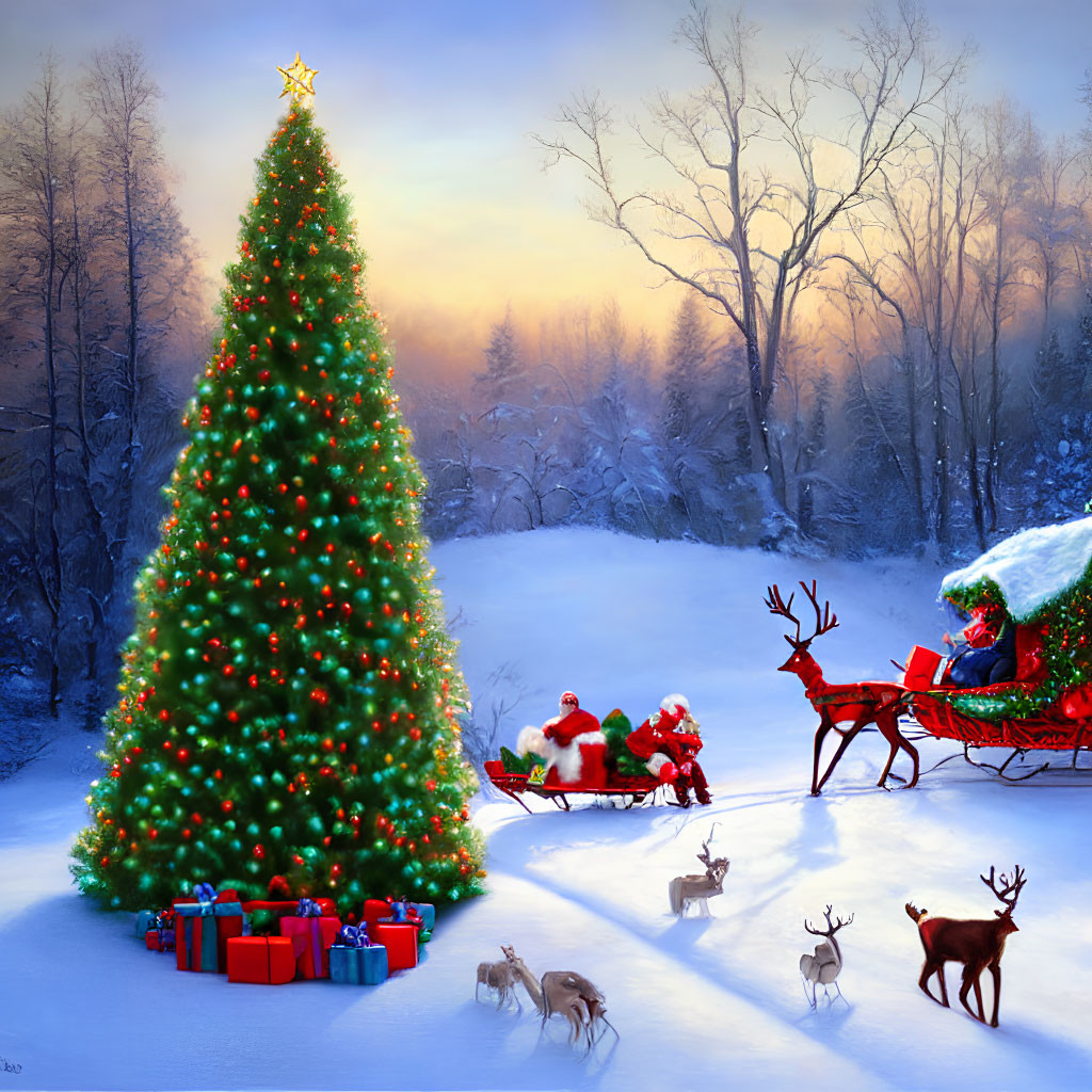 Santa Claus, Christmas tree, gifts, sleigh, reindeer in snowy scene