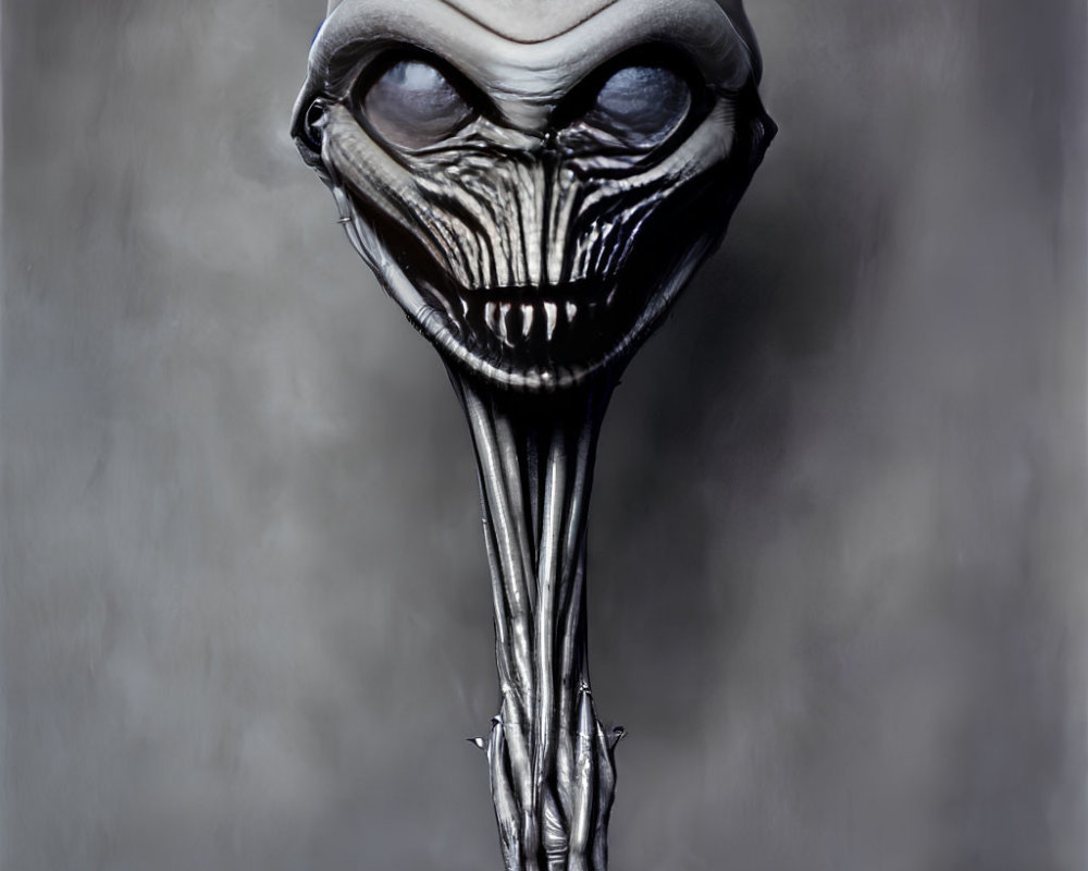 Sinister alien with long neck and dark eyes on smoky background