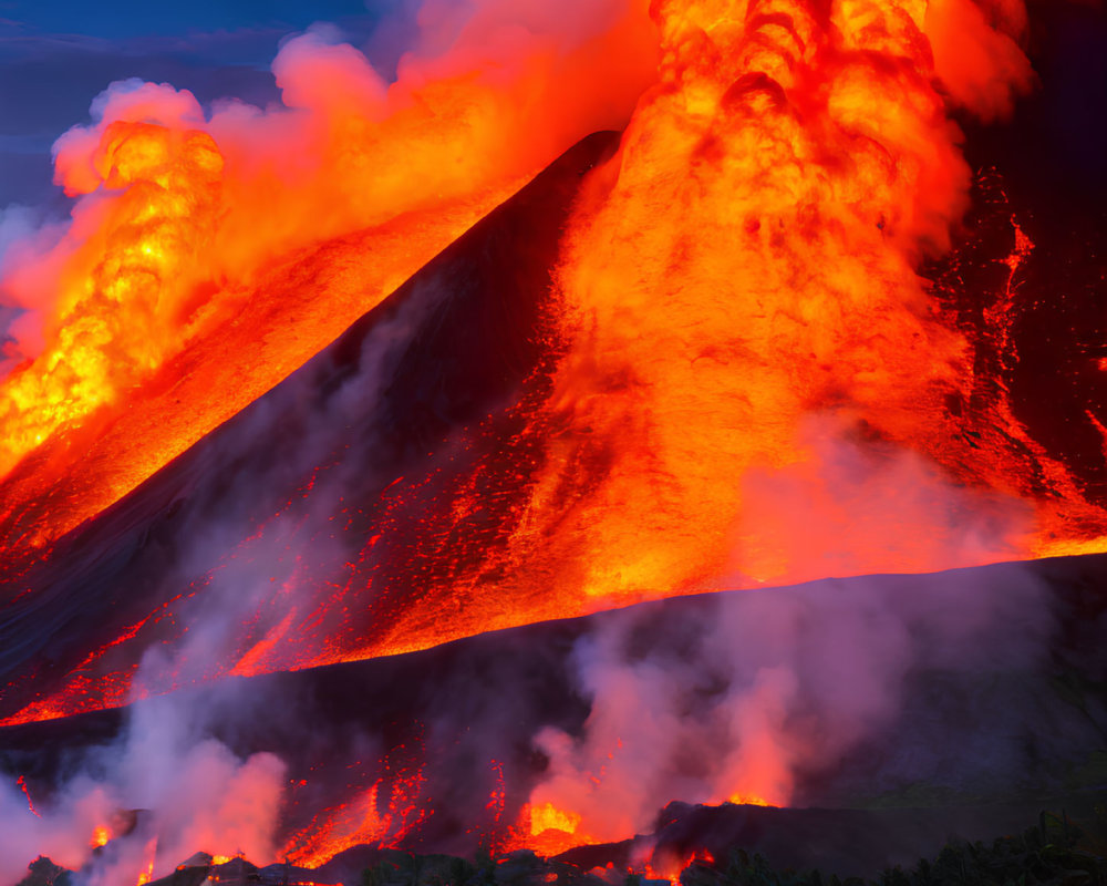 Volcano eruption with flowing lava and ash plumes near village at twilight