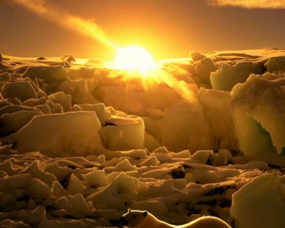 Polar bear on icy terrain under golden Arctic sunset