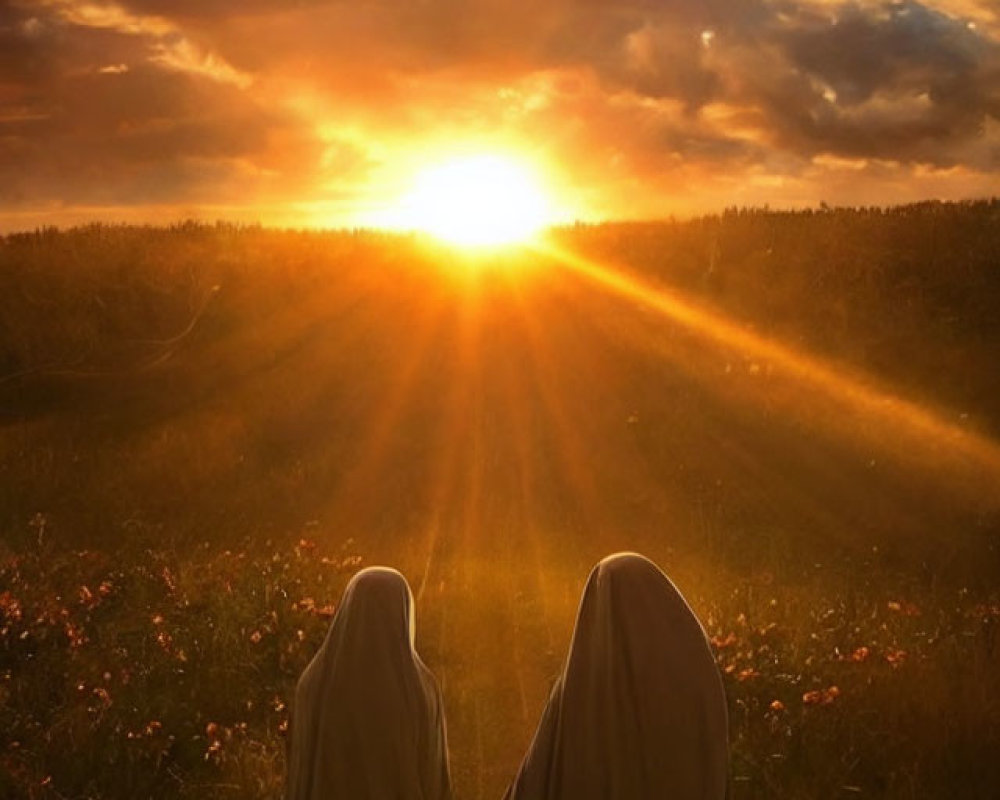 Couple holding hands in field at sunset with sun rays.