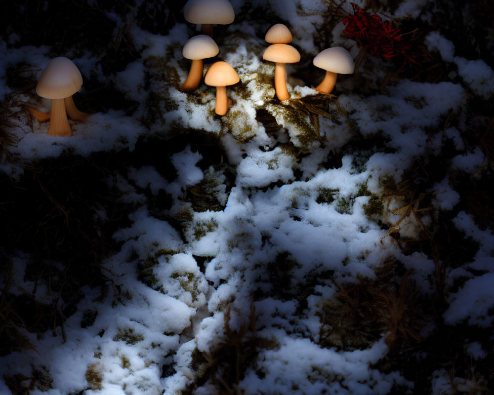 Snowy forest floor mushrooms bathed in sunlight shaft