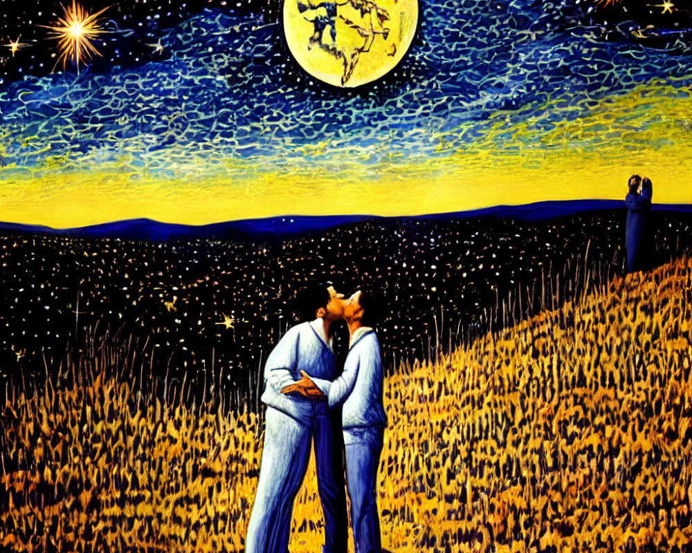 Romantic couple under starry sky with yellow moon, wheat field, lone figure