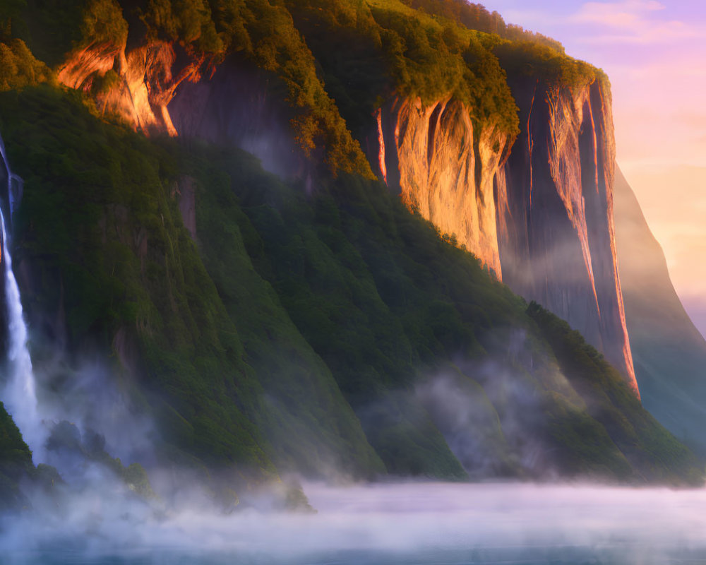 Serene Lake Surrounded by Majestic Cliffs and Waterfalls