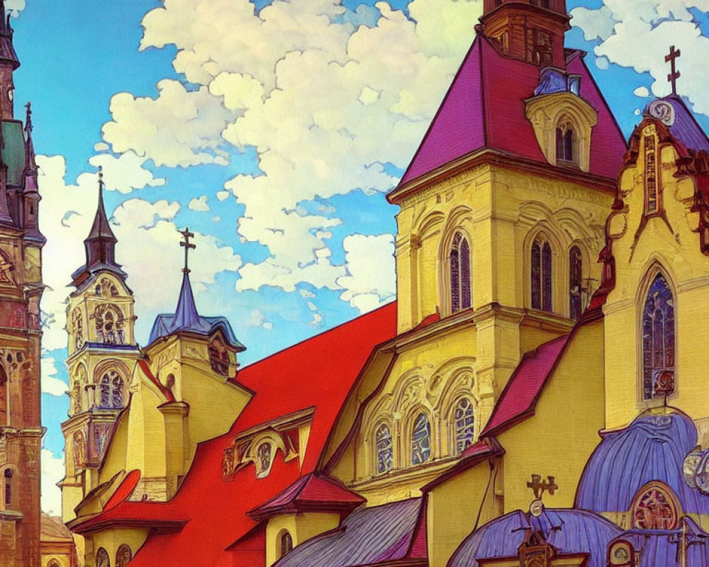 Detailed European-style architecture illustration under blue sky