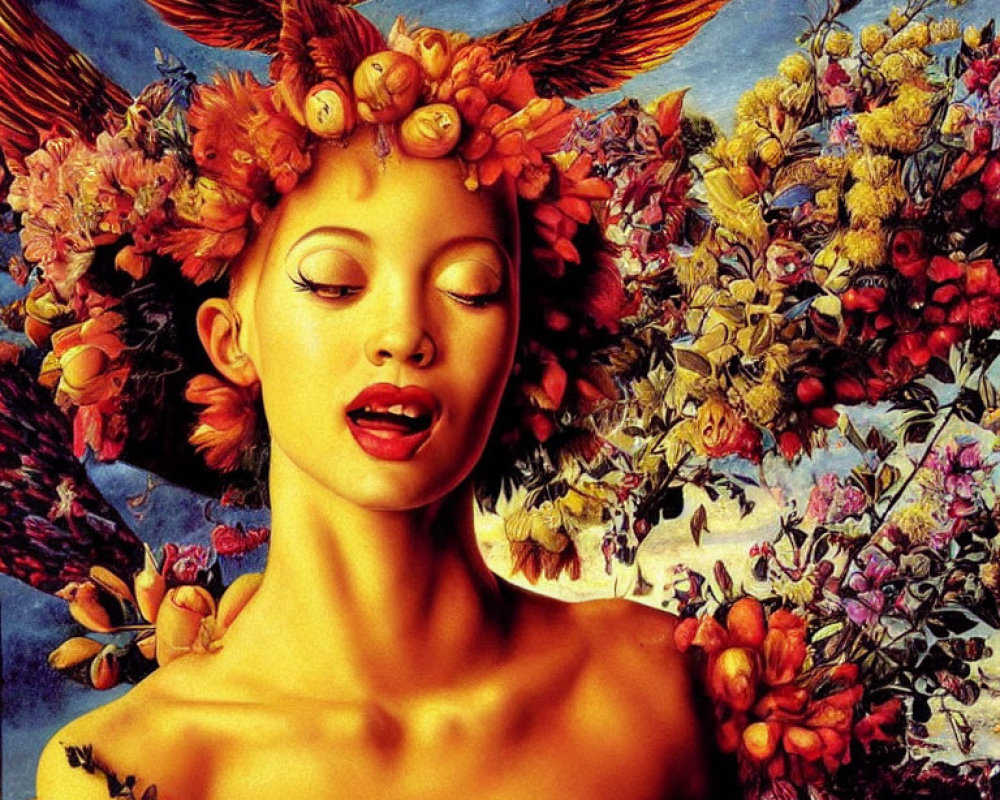 Surreal portrait of person with feathers and wings among colorful flowers