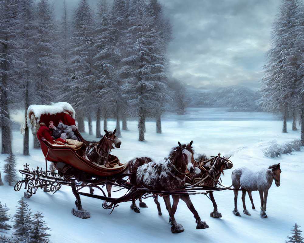 Winter scene: Horse-drawn sleigh in snowy forest landscape