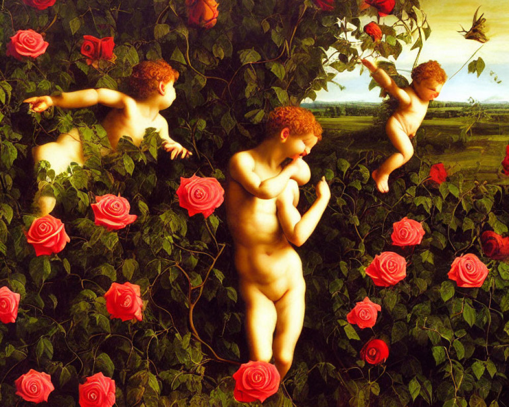 Three cherubs surrounded by red roses in a playful scene