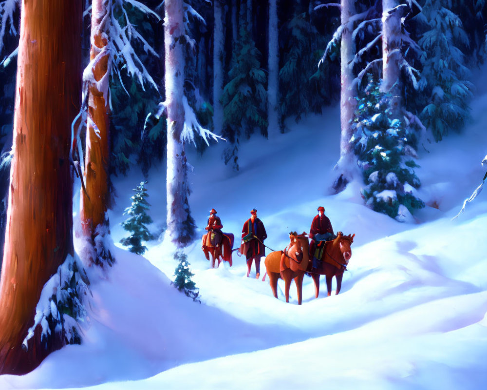 Snow-covered forest with horseback riders and tall pine trees