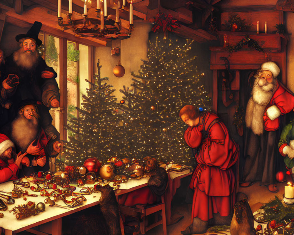 Festive room with elves and Santa Claus figures preparing Christmas decorations and gifts