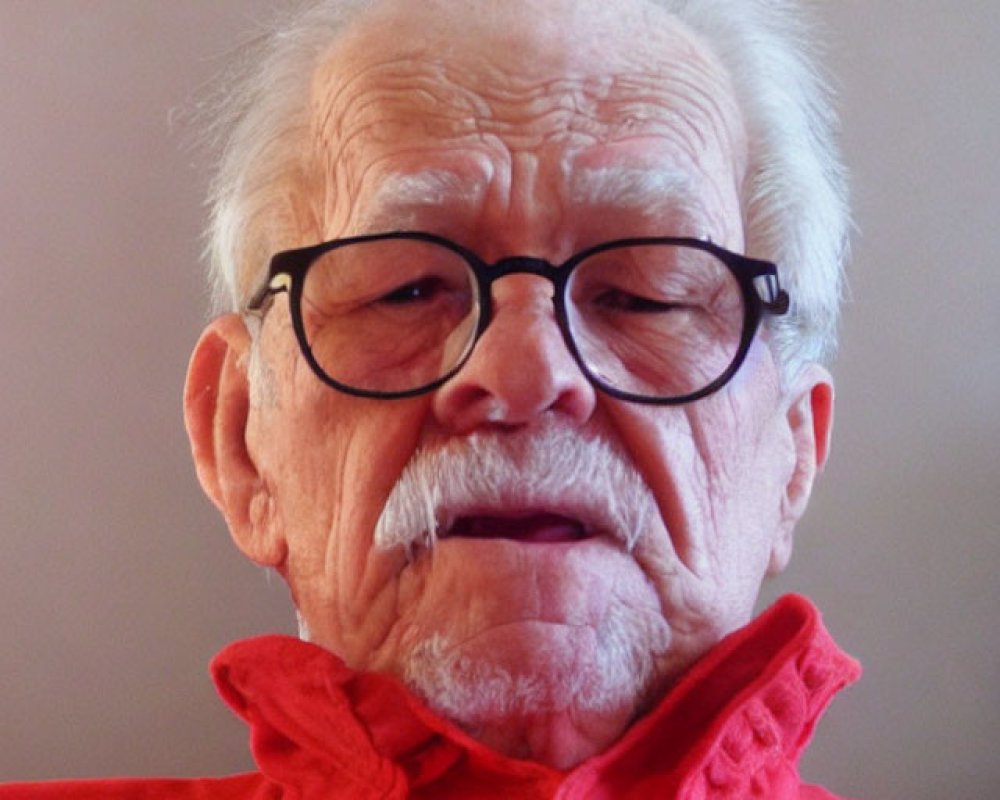 Elderly Man with White Facial Hair and Glasses in Red Shirt