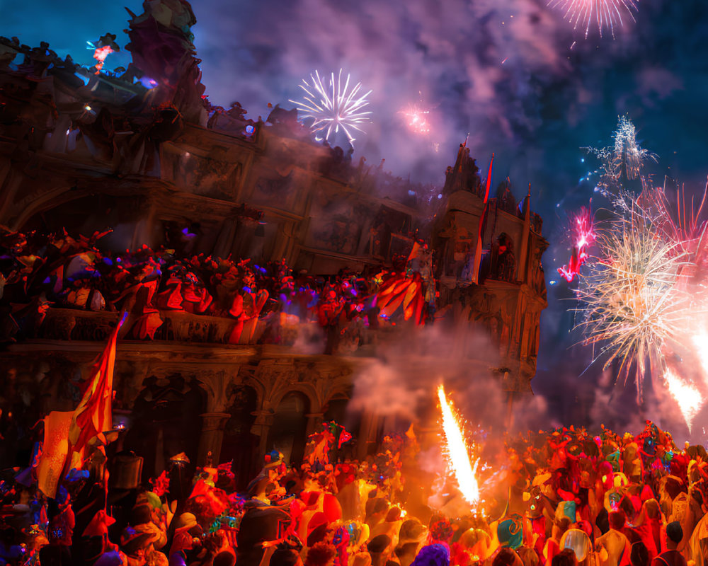 Night sky fireworks illuminate historic building with vibrant crowd