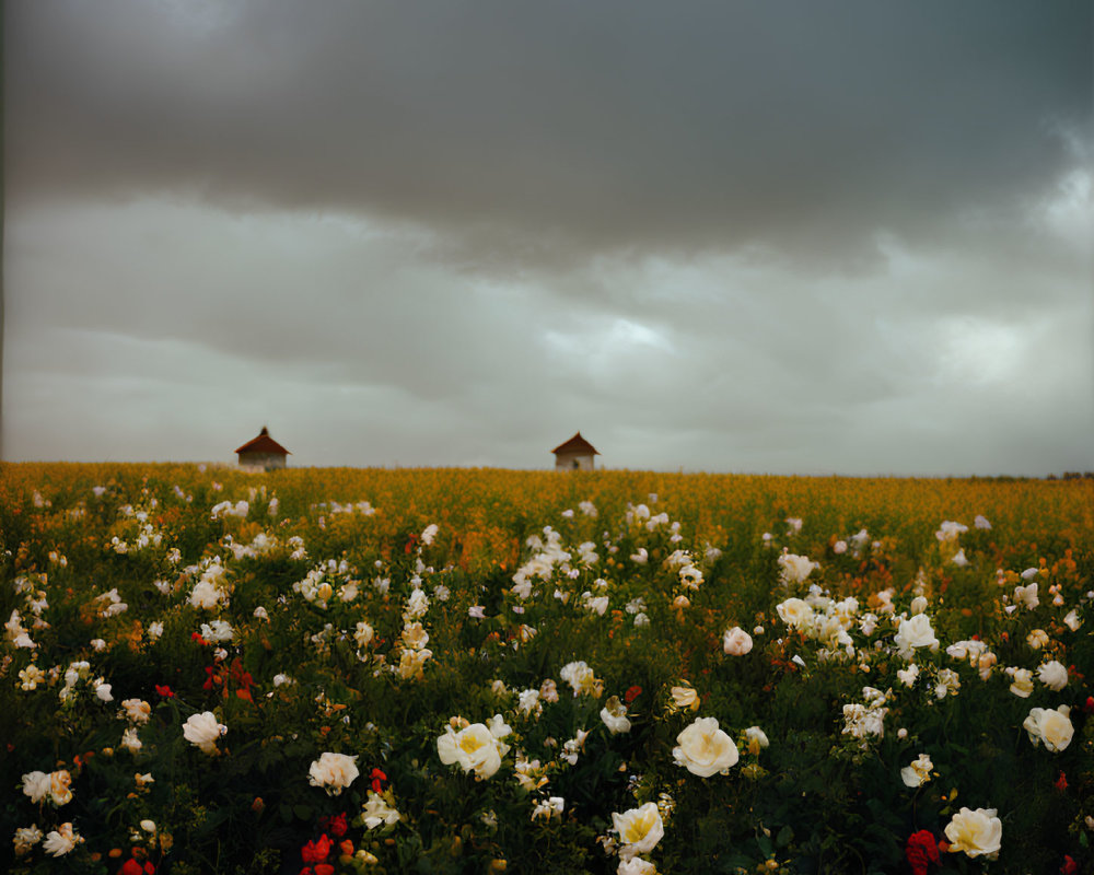 Tranquil field with white and red flowers under overcast sky