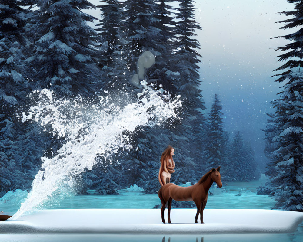 Woman with horse on icy surface as whale breaches through ice