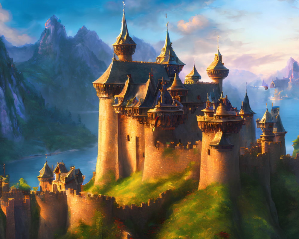 Majestic castle with spires at sunset overlooking river & mountains