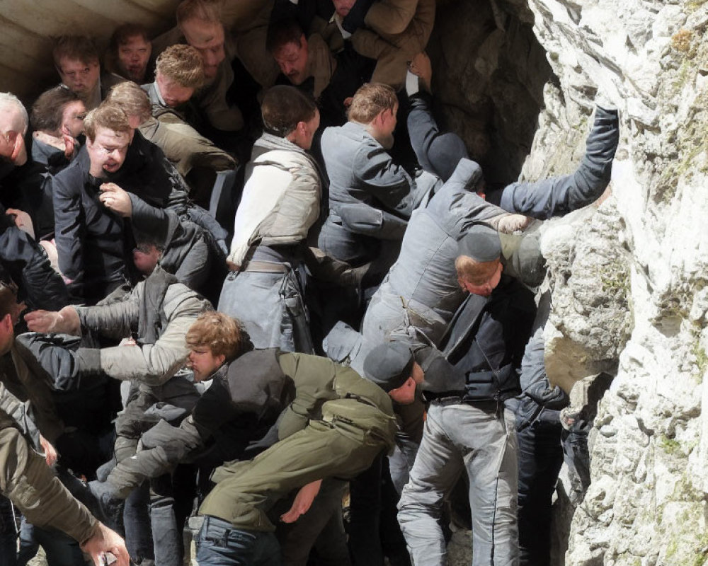 Crowded scene of distressed men in chaotic scramble