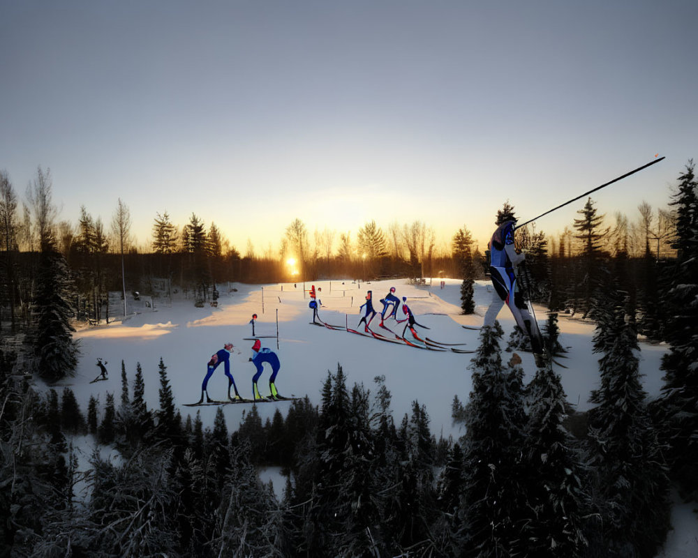 Biathletes in winter landscape skiing race at sunset