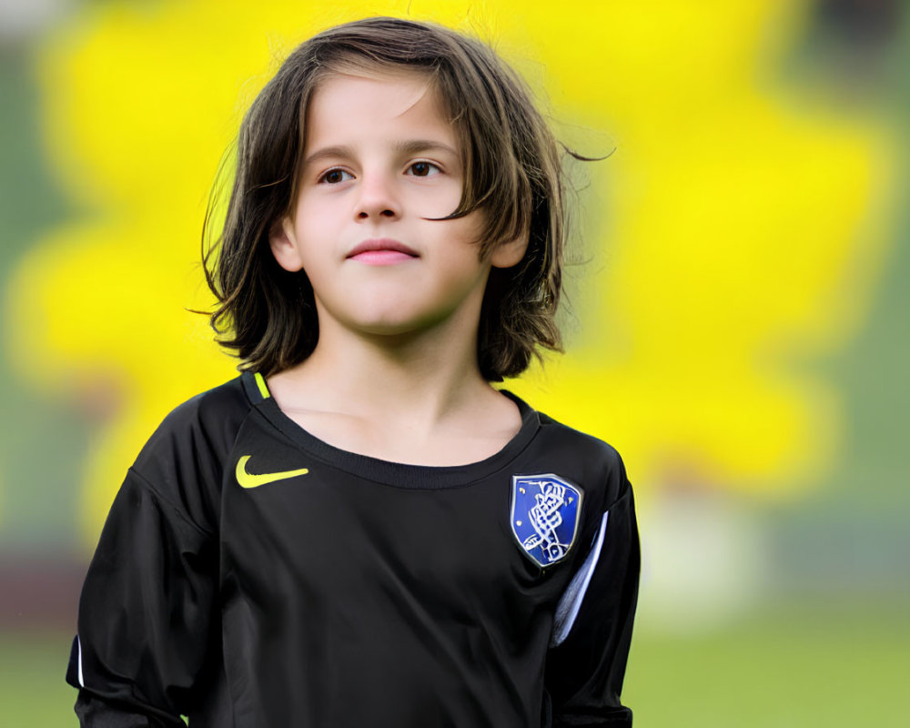 Child in Black Nike Jersey Against Yellow Floral Background