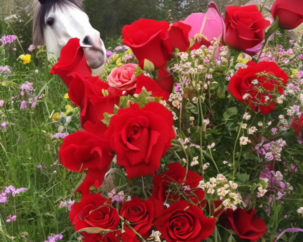 White Horse with Black Mane in Red Roses and Wildflowers on Foggy Background