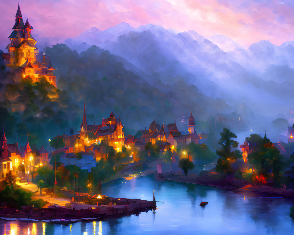 Colorful Artwork of Riverside Village at Dusk with Misty Mountain