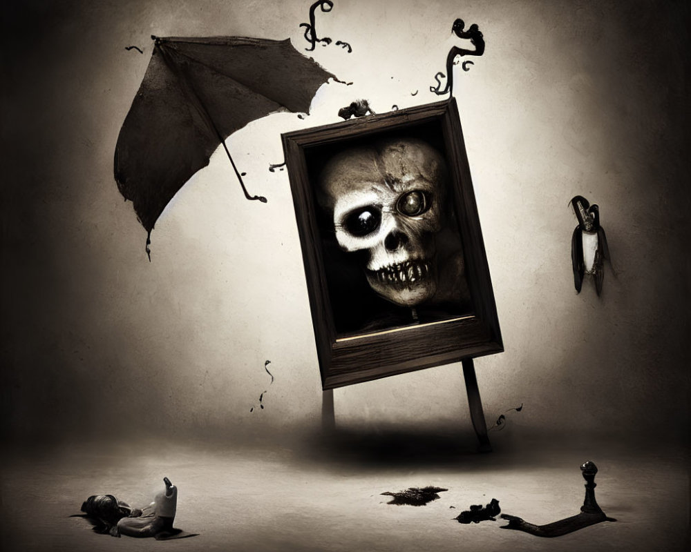 Surreal image: skull in frame, umbrella, penguin figurine, ink bottle, and