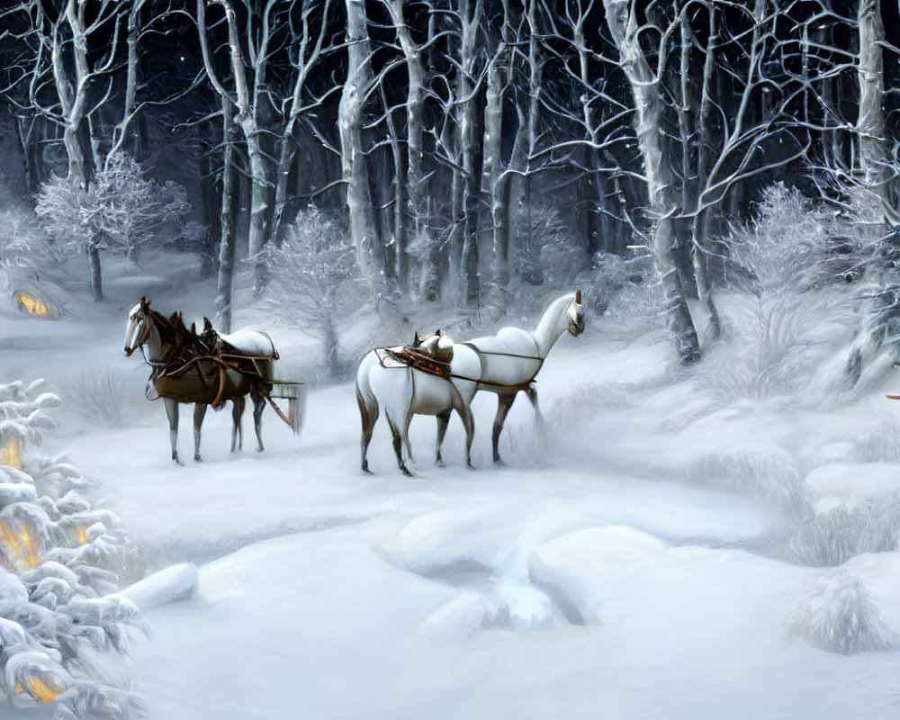 Snowy forest scene: Two horses pull a sleigh with people around a campfire