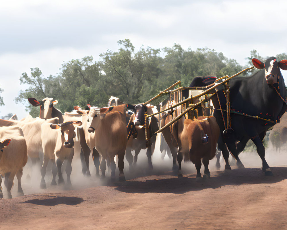 Group of cows on dusty path with decorated leading cow and yoke.