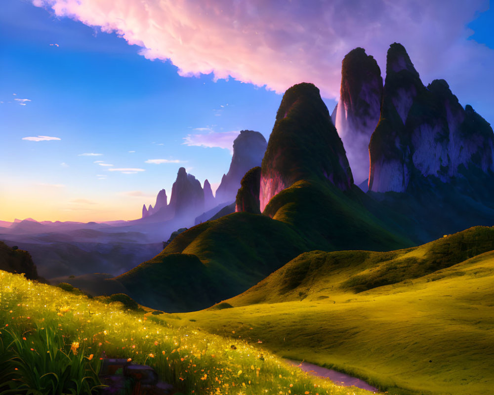 Majestic mountains, sunset sky, green hills, yellow flowers