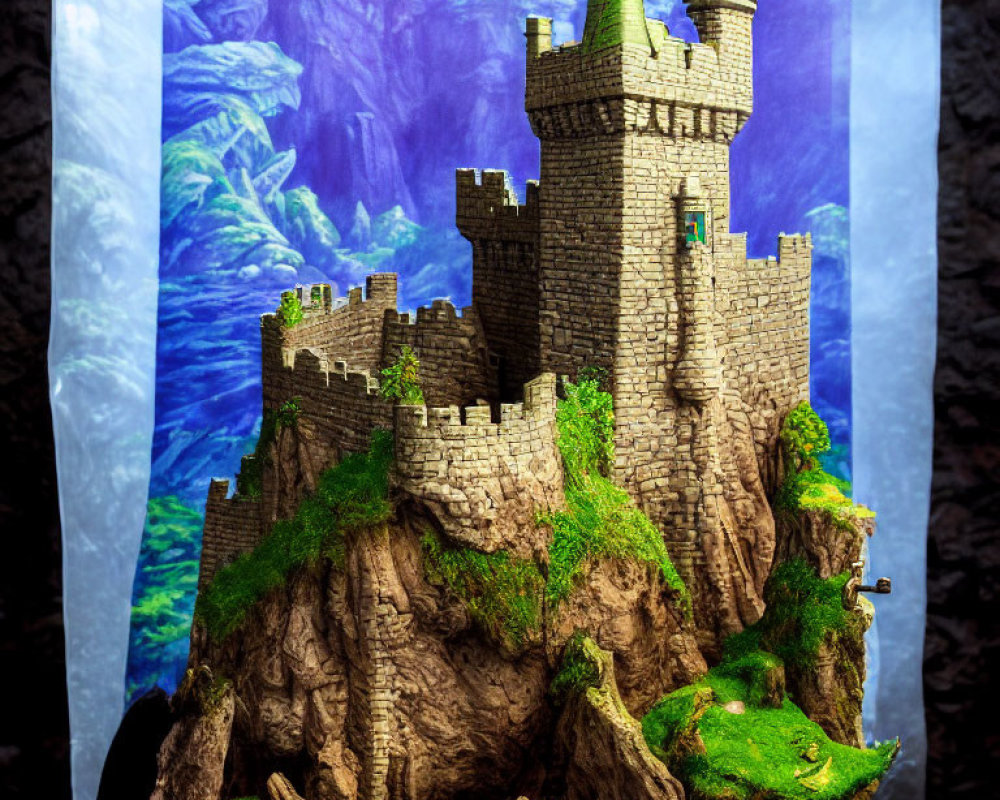 Miniature castle on cliff with green foliage against mountain backdrop