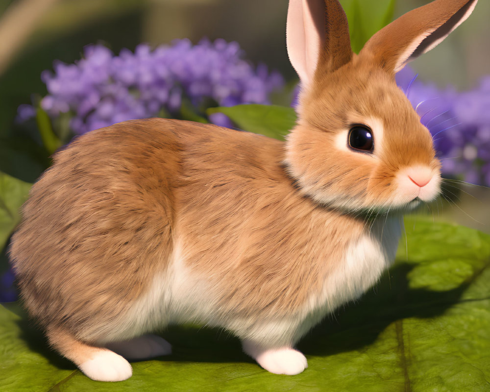 Brown and White Rabbit on Green Leaf with Purple Flowers