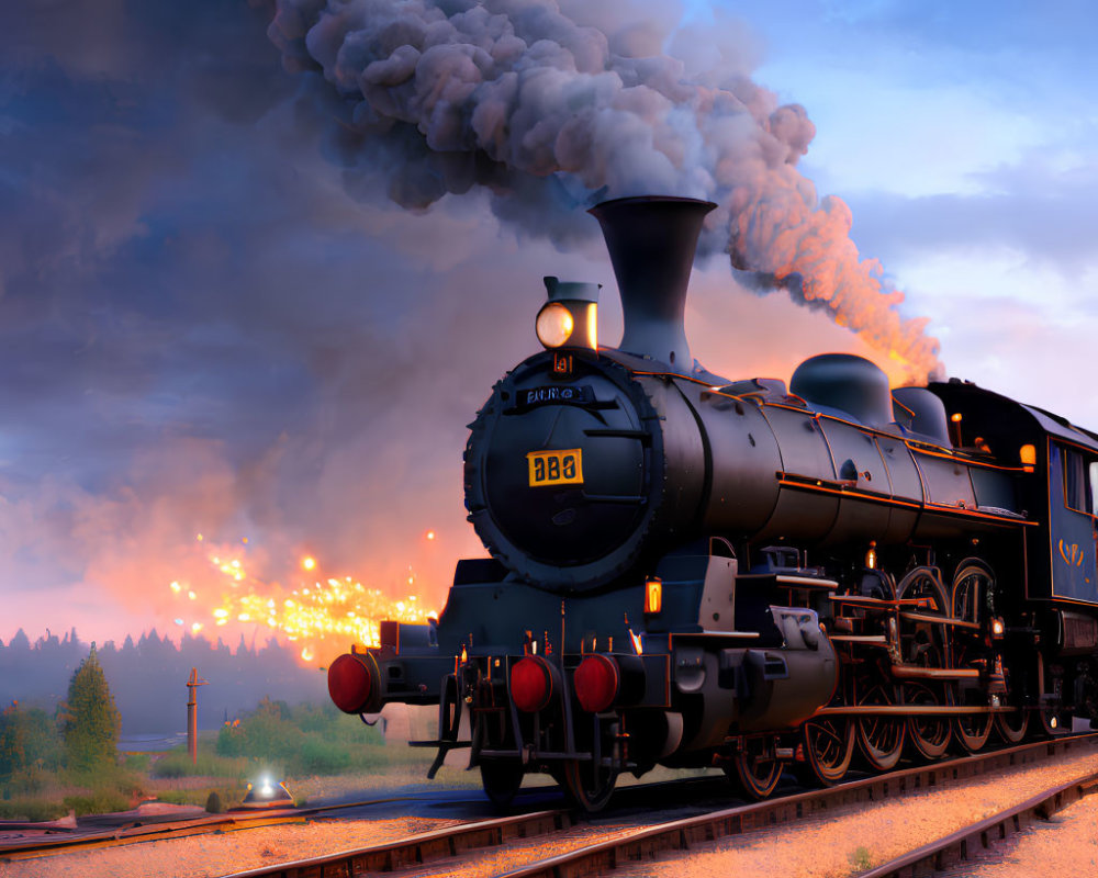 Vintage Steam Locomotive on Tracks at Dusk with Billowing Smoke and Fiery Sky