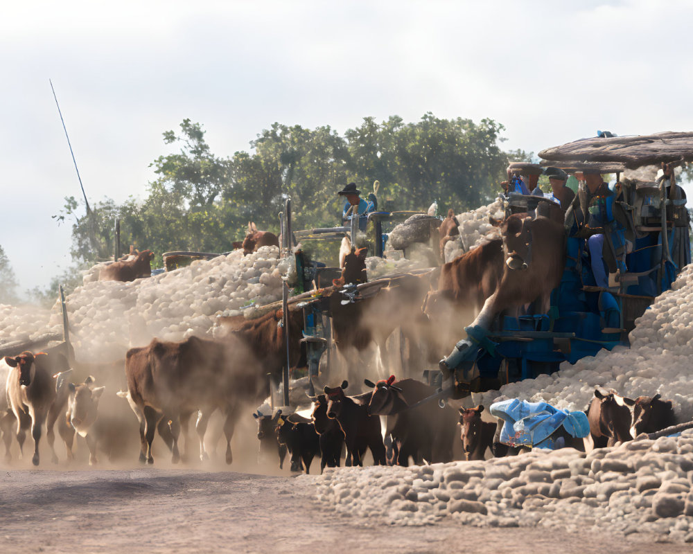 Rural scene with cattle herded by tractor on dusty ground