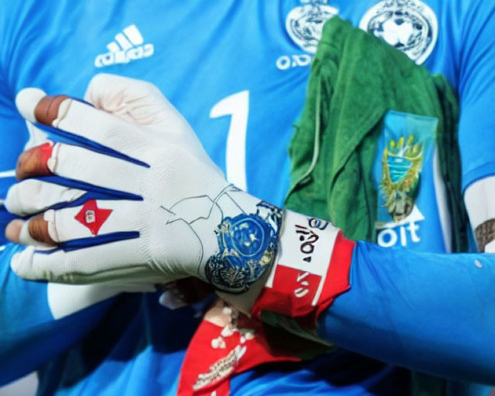 Blue Jersey Soccer Goalkeeper with White Detailed Gloves