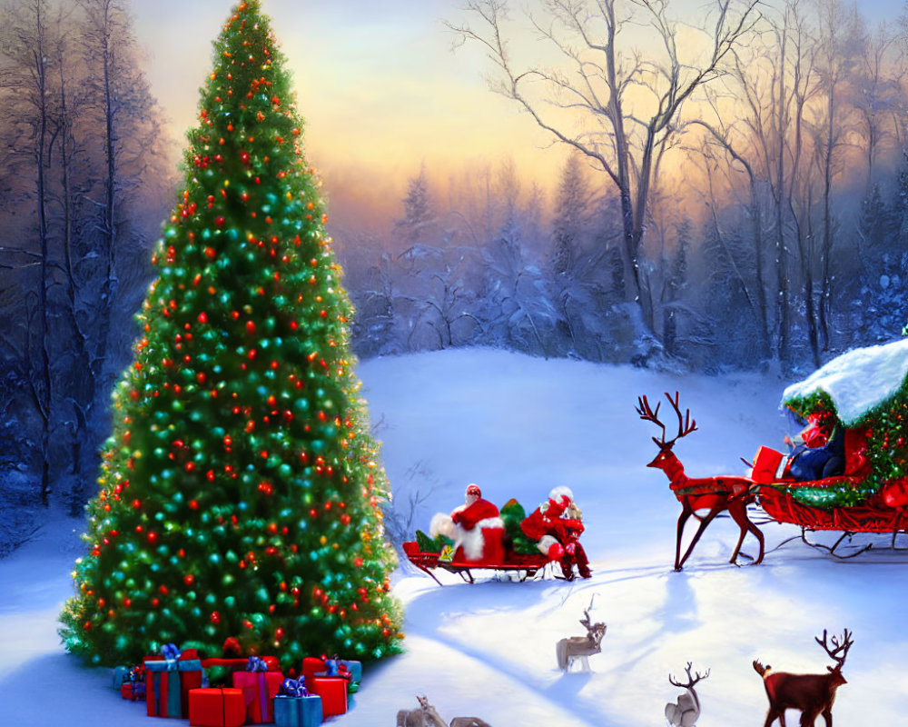 Santa Claus, Christmas tree, gifts, sleigh, reindeer in snowy scene